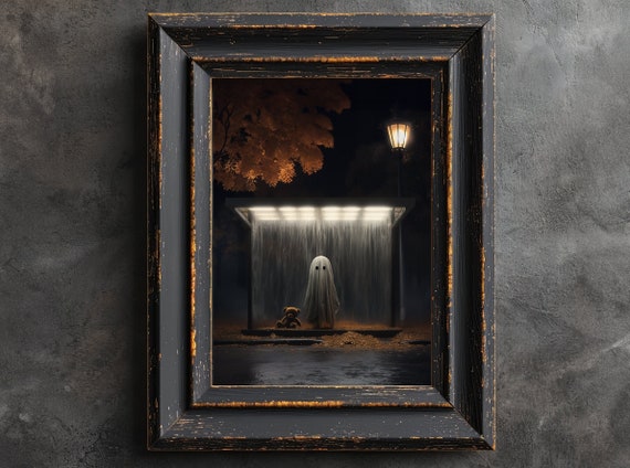 Ghost Poster, Ghost On The Bus Stop, Cute Ghost Poster, Wall Art, Gothic Painting, Moody Ghost, Ghost Painting, Ghosts