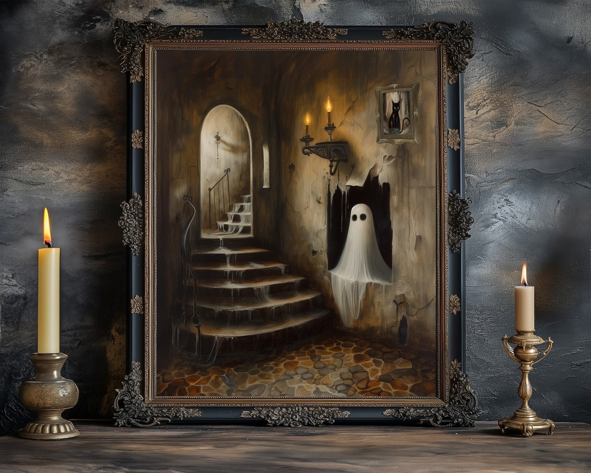 Ghost Painting, Ghost Art Print, Ghost In Abandoned Castle, Ghost Canvas, Gothic Painting, Cute Ghost, Spooky Decor, Dark Academia Decor