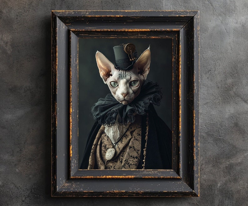 May include: A framed portrait of a Sphynx cat wearing a top hat and a black lace collar. The cat is looking directly at the viewer with a serious expression. The background is a dark gray.