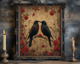 Raven Art Print, Canvas Print, Gothic Romantic Raven Couple, Ravens Artwork, Crow Art, Cottage Core, Valentines Day Gift, Crows, Crow Bird