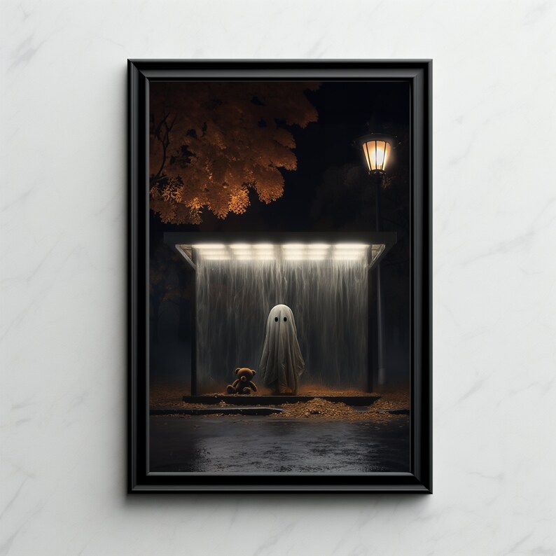 Spökposter, Spöke på busshållplatsen, Söt spökposter, Väggkonst, Gotisk målning, Stämningsfullt spöke, Spökmålning, Spöken bild 3