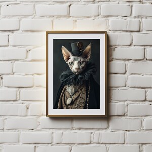 May include: A framed portrait of a hairless cat wearing a black top hat and a black lace collar. The cat is looking directly at the viewer with a serious expression. The background is a dark green.