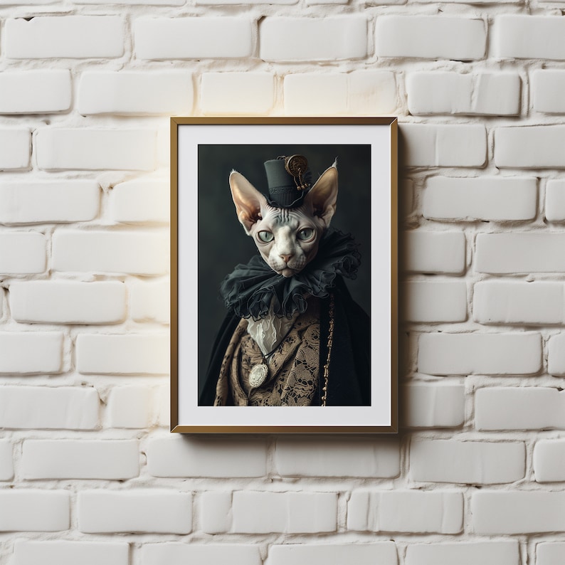 May include: A framed portrait of a hairless cat wearing a black top hat and a black lace collar. The cat is looking directly at the viewer with a serious expression. The background is a dark green.