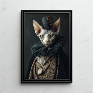 May include: A Sphynx cat wearing a black top hat with a gold embellishment, a black ruffled collar, and a gold chain necklace. The cat is wearing a brown and gold patterned jacket and has a serious expression.