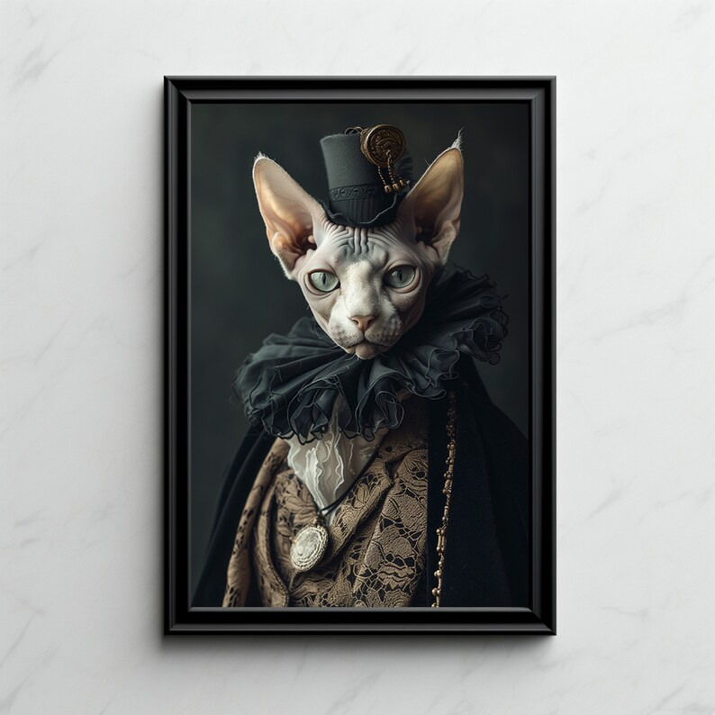 May include: A Sphynx cat wearing a black top hat with a gold embellishment, a black ruffled collar, and a gold chain necklace. The cat is wearing a brown and gold patterned jacket and has a serious expression.