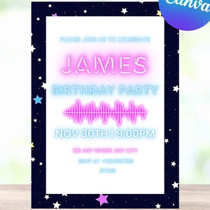 Glow Party Birthday Invitation editable digital template, blacklight party, glow in the dark, teen party, neon bday invite.