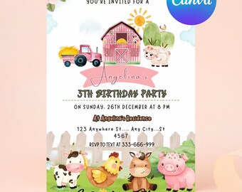 Editable Farm birthday invitation Printable Farm Animals Barnyard Invite Girl 2nd birthday any age Printable template Digital download