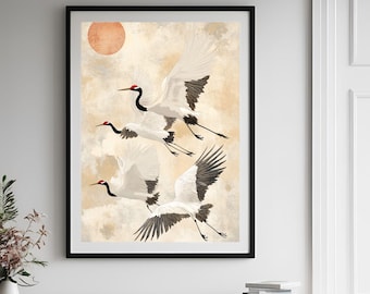Japanese Crane Print, Vintage Bird Art, Antique Wall Decor (Digital Download)