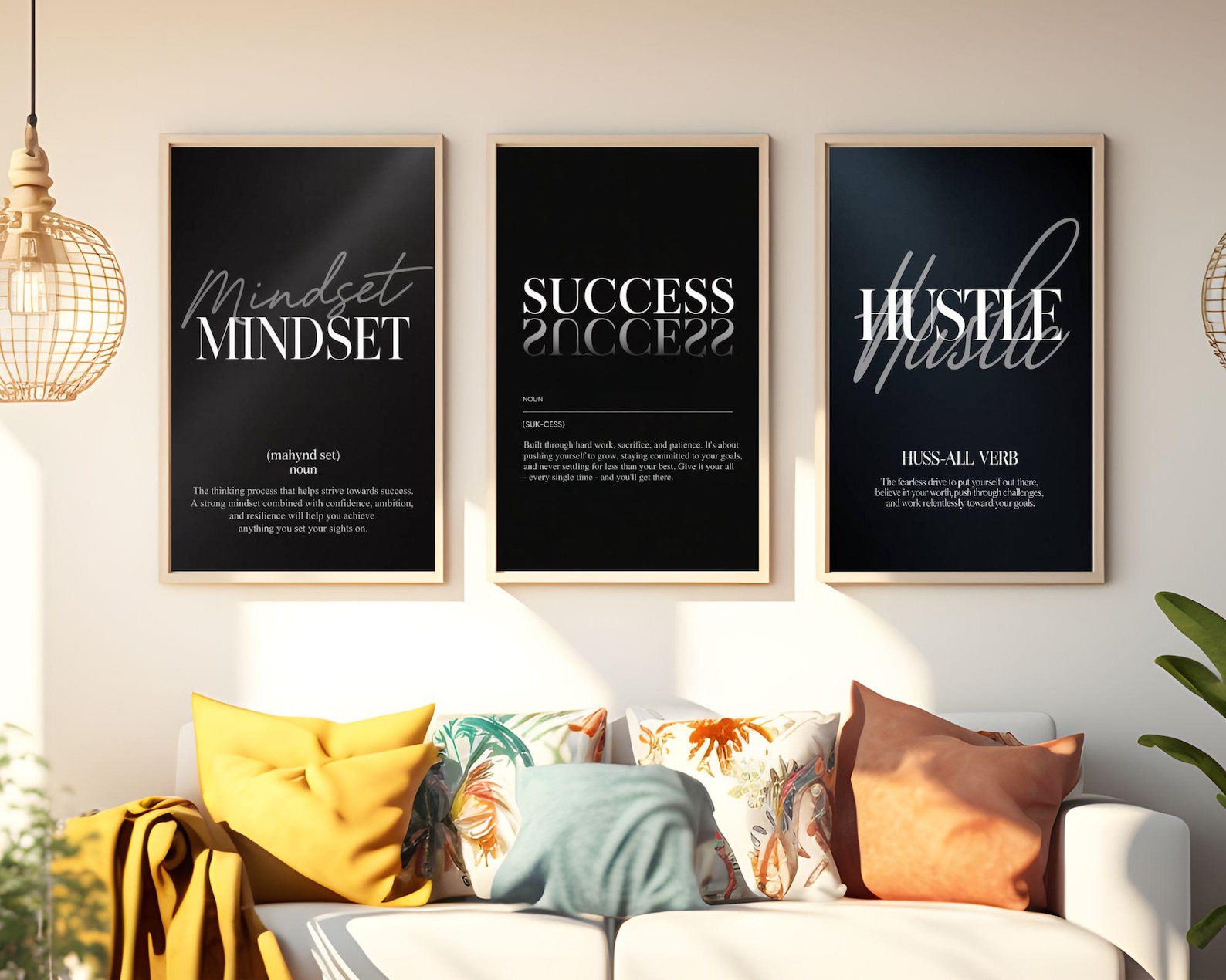 3 Piece Motivational Wall Art, Set of 3 Mindset Success Hustle Black ...