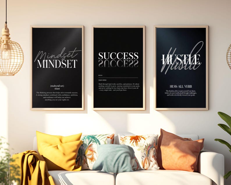 3 Piece Motivational Wall Art, Set of 3 Mindset Success Hustle Black ...