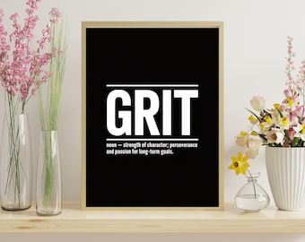 GRIT Definition Wall Art Printable, Motivational Quote Poster, Black Minimal Typography Art, Office Decor, Digital Download JPG.