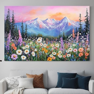 Colorful Spring Wildflower Landscape Painting Art Print | Bright Mountain Wildflower Floral Landscape Printable Art JPG Digital Download.