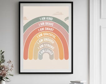 Rainbow Affirmations Wall Art, Affirmations for Kids, I am Kind Loved Brave Enough, Inspirational Nursery Wall art, Positive Affirmations
