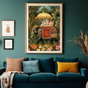 May include: A framed illustration of a colourful elephant carrying a decorated palanquin with people inside. The elephant is surrounded by lush green foliage and flowers.