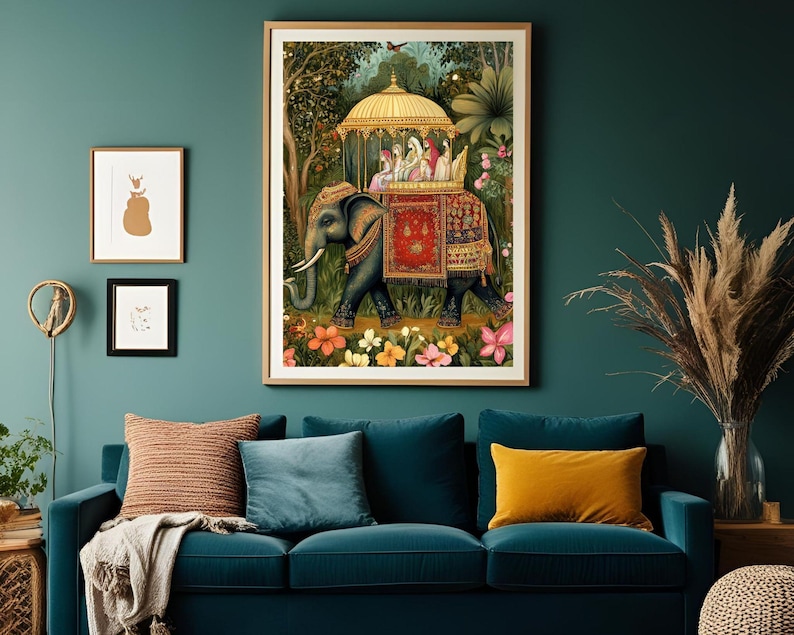 May include: A framed illustration of a colourful elephant carrying a decorated palanquin with people inside. The elephant is surrounded by lush green foliage and flowers.