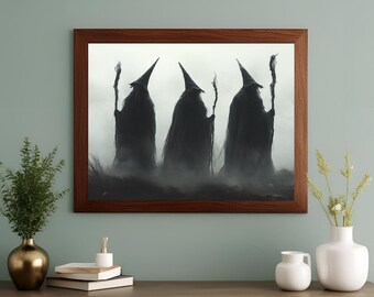 Witchy Printable Wall Art, Dark Gothic Witch Painting, Vintage Witch with Broom Halloween Print, Spooky Cottagecore Decor Digital Download.