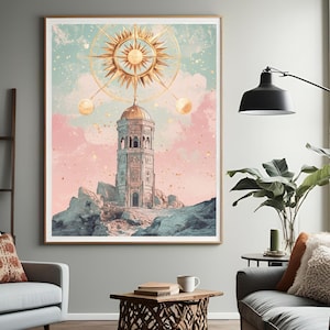 Arte de pared con brújula vintage, póster náutico bohemio, impresión de navegación celestial, ilustración de mapa estelar rústico, decoración en tonos tierra.