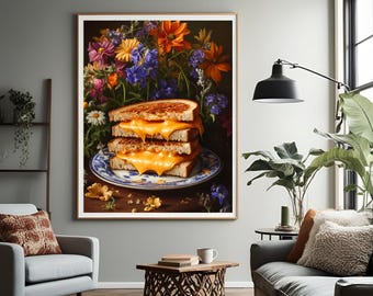 Gegrilde kaas, leuk eten muurkunst, humeurige keuken grappig stilleven schilderij barwagen kunst donkere grillige prints wilde bloemen Cottagecore print.