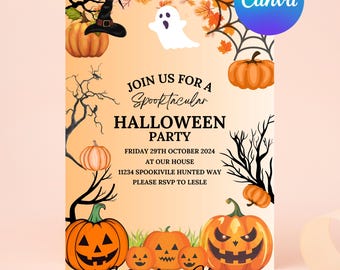 Editable Halloween Party Invitation, Printable Spooky Pumpkin Theme Invitation Template, Ghost Birthday Instant Download, Canva Template
