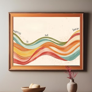 Puede incluir: Una impresión artística enmarcada con una paleta de colores cálidos. La obra presenta líneas onduladas en tonos de rojo, naranja, amarillo, turquesa y verde. Las palabras "progress is not linear" están escritas sobre las olas en una fuente manuscrita. El marco es de color marrón cálido.