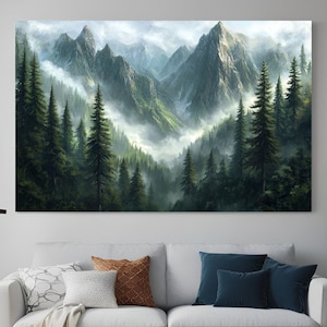 Wald Berge Digitaldruck, Natur Naturbild, diesig nebligen Berge Fotografie, grüner Wald Landschaftsdruck, druckbare Wandkunst.