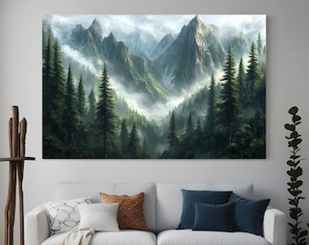 Forest mountains digital print, misty foggy mountains photography, green forest landscape print, large nature picture, printable wall art.