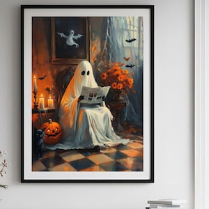 Ghost reading a newspaper on toilet printable portrait for Halloween Wall Art Decor, Vintage Ghost Art Poster, Bathroom Halloween Decor.