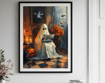 Ghost reading a newspaper on toilet printable portrait for Halloween Wall Art Decor, Vintage Ghost Art Poster, Bathroom Halloween Decor.