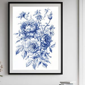 Desenho de natureza morta floral azul - impressão de arte de buquê de flores - pôster estético boho - arte de parede botânica para impressão - arte de flor de linha fina