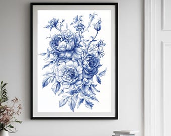 Blue Floral Still Life Drawing - flower bouquet art print - bohemian aesthetic poster - printable botanical wall art - fine line flower art