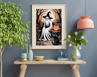 Witchy Printable Wall Art, Dark Gothic Witch Painting, Vintage Witch with Broom Halloween Print, Spooky Cottagecore Decor Digital Download