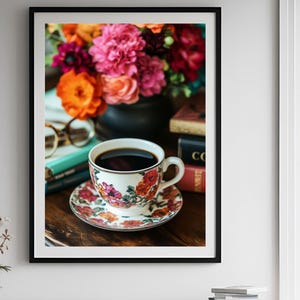 Plakat Coffee First, sztuka ścienna w stylu retro, sztuka do pobrania, wydruk na wózku z kawą, dekoracja dla miłośników kawy, modny plakat retro, sztuka ścienna w stylu maksymalistycznym.