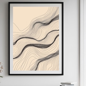 Abstract Line Art Print, Geometric Black Lines on Beige, Modern Minimalist Wall Art, Printable Abstract for Bedroom and Living Room Decor.