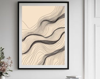 抽象的な線画のプリント、黒線ベージュキャンバス、ミニマリストな装飾