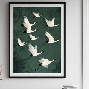 Emerald Cranes Wall Art - Gold Accents Japanese Print, Maximalist Emerald Green Decor for Eclectic Home, Large Bird Artwork Gift, Digital.