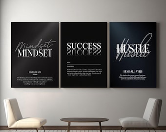 3 Piece Motivational Wall Art, Set of 3 Mindset Success Hustle Black Minimalist Poster Modern Office Decor Inspirational Quote Print JPG.