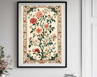 Vintage Indiase bloemen volkskunst print, woonkamer decor, afdrukbare Indiase vintage schilderij, bloemen Jharokha schilderij, Mughal kunst aan de muur.