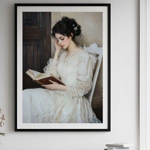 Victorian Woman Reading Bookish Wall Art Print, Book Lover Gift, Library Art Print, Dark Academia Decor.