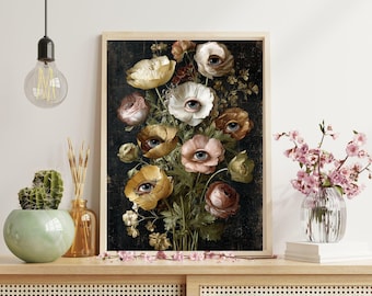 Stampe artistiche gotiche botaniche, decorazioni accademiche oscure, decorazioni gotiche massimaliste, decorazioni macabre, stampe surreali in stile cottagecore oscuro, decorazioni stregonesche.