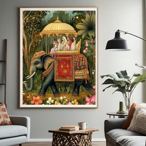 May include: A painting depicting a large, grey elephant carrying a golden palanquin with people inside. The elephant is walking through a lush green forest with pink flowers.