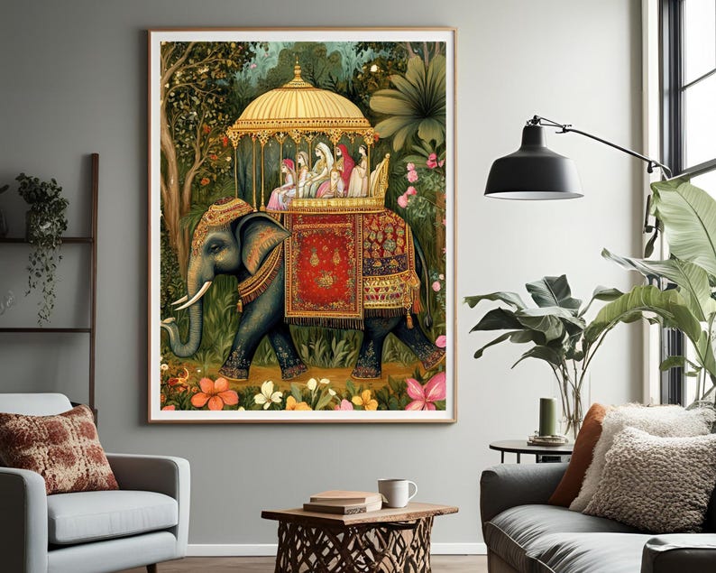 May include: A painting depicting a large, grey elephant carrying a golden palanquin with people inside. The elephant is walking through a lush green forest with pink flowers.