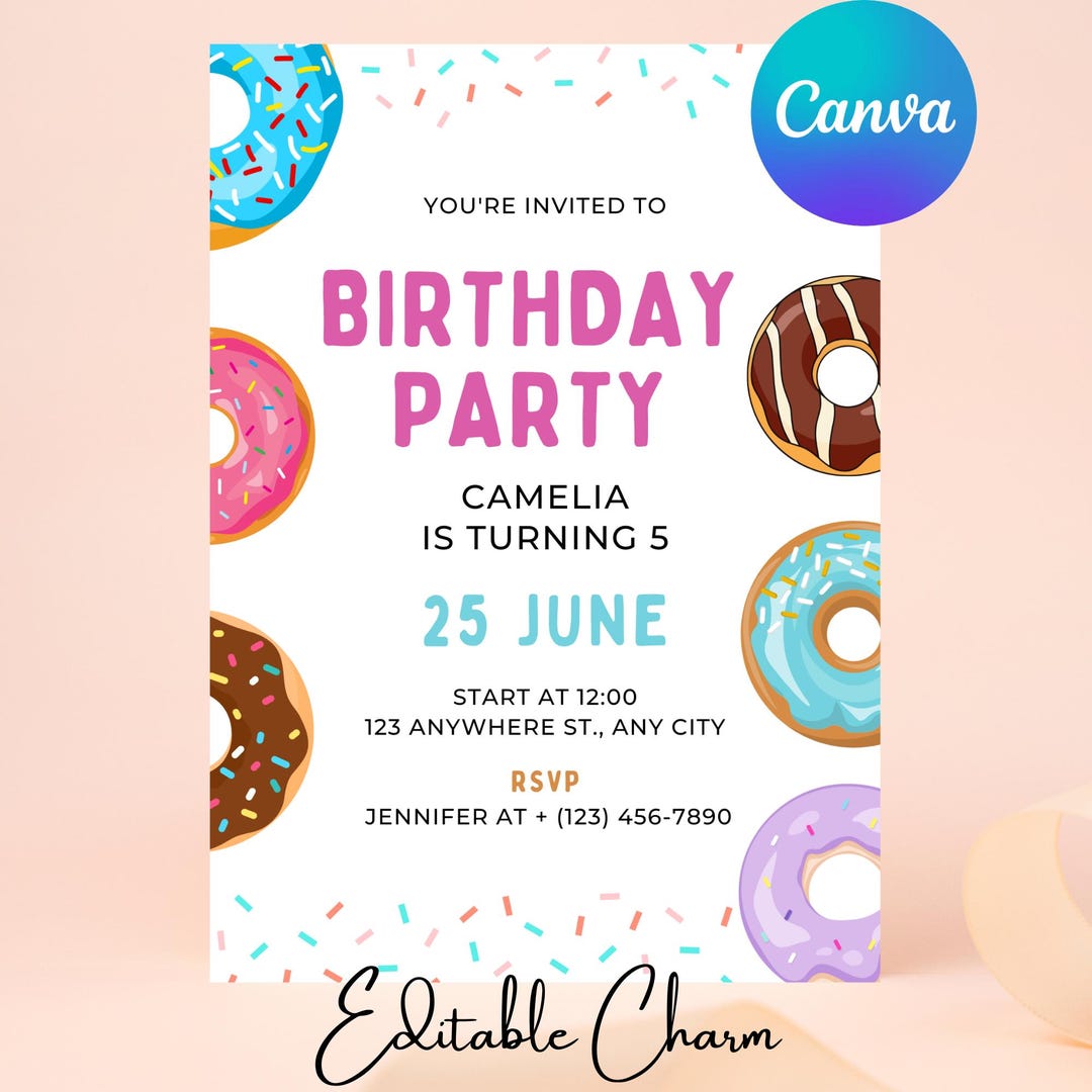 Editable Donut Birthday Invitation Editable Donut Party Invite Template ...