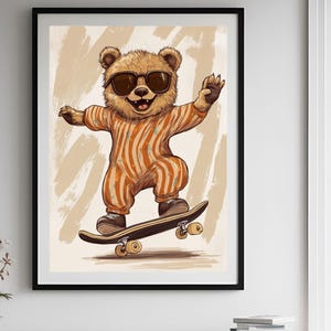 Skateboarding Bär Kinderzimmer Wandkunst, origineller Tierdruck für Kinderzimmer, verspieltes Kinderdekor, druckbare Kunst, digitaler Download.