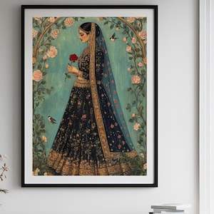 Dama en el jardín / Obra de arte digital inspirada en el arte mogol indio, arte de pared imprimible, arte tradicional indio pakistaní, pintura de mujer india.
