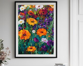 Gustav Klimt - Giardino di fiori arancione e verde, stampa artistica da parete estesa, regalo artistico ingrandito, stampa artistica orizzontale del paesaggio del giardino fiorito.