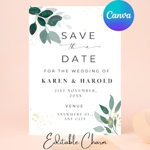 Editable Greenery and Gold Save The Date Template, Save The Date Invite, Printable Greenery Save Our Date Card, Save Our Date Digital Invite