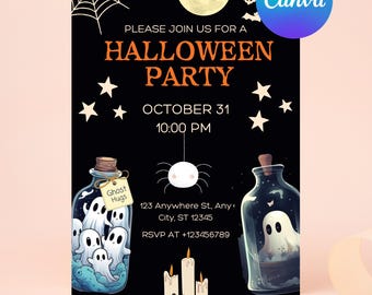 Editable Halloween Invitation Template, Spooktacular Halloween Invites, Printable Halloween Invites, Kids Ghost Party Canva Invite Download