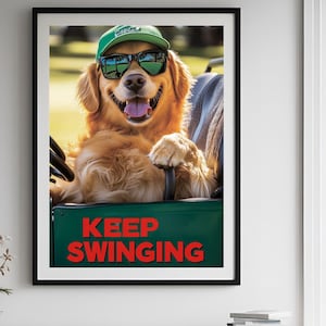 Golden Retriever Art, Funny Vintage Aesthetic Dog Golf Art Print, Golf Wall Art, Dog Playing Golf, Keep Swinging, Printable Digital Download