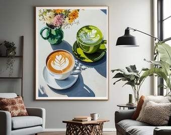 Slow Morning Club | matcha painting, Cottage core, farmhouse, latte art print, flower painting, kitchen art print, brunch art, coffee date.