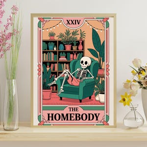 The Homebody Tarot Card - The Homebody Club Print - Spooky Print - Living Room Print - Cute Skeleton Print - Cute Spooky Print - Tarot Card.